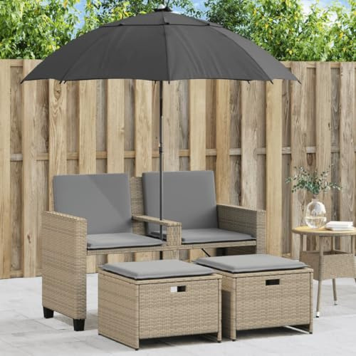 QJBSAVVA Outdoor Gartensofa 2-Sitzer mit Sonnenschirm & Hockern, Poly-Rattan Gartenlounge 120x61x80 cm, Beige, pulverbeschichteter Stahlrahmen, platzsparende Balkon Sitzecke für Terrasse, Innenhof
