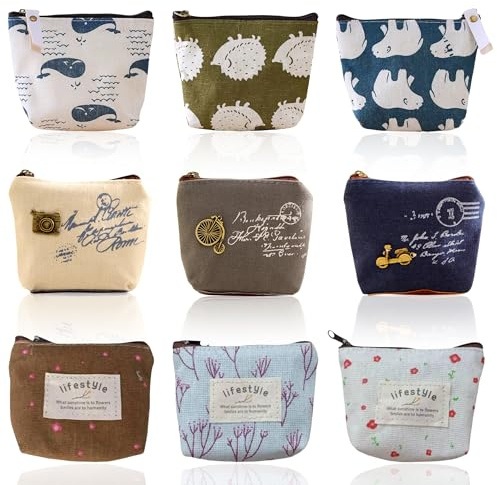PYSEOSISE Mini Geldbeutel Canvas, 9 Stück Mini Geldbörse Damen, Vintage Täschchen Kleiner Kosmetiktasche Klein Portemonnaie Kleingeldbörse mit Reißverschluss für Münzen Karten