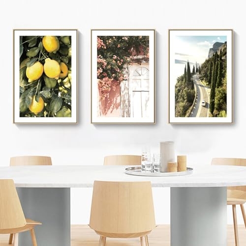Xiyocadt 3er Ästhetik Poster Set,Sommer Zitrone Wandbilder Wohnzimmer,Mediterrane Landschaft Kunstdruck Leinwandbild Bilder für Schlafzimmer Dekor,Ohne Rahmen (50x70cm)