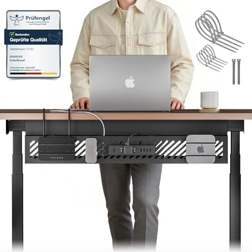 DOKFLEX 60/80cm Kabelkanal Schreibtisch, Platzsparend & Mit 8/9 Kabelausschnitten, 2 Montagearten | Ohne Bohren & Mit Schrauben, Kabelmanagement Schreibtisch-Büro,Zuhause&Gaming-pc (1, Schwarz, 80cm)