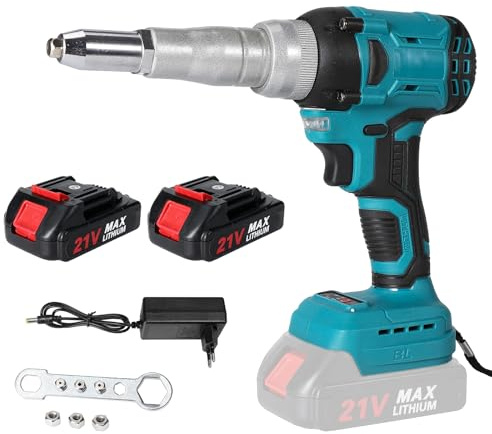 Akku Nietzange für Makita 18V Batterie, 20,000N Bürstenlose Nietpistole, Automatischer Elektrische Popnietenzange für 2.4-5.0 mm Blindnieten, Profi Nietpistole (2000mah Akku*2)