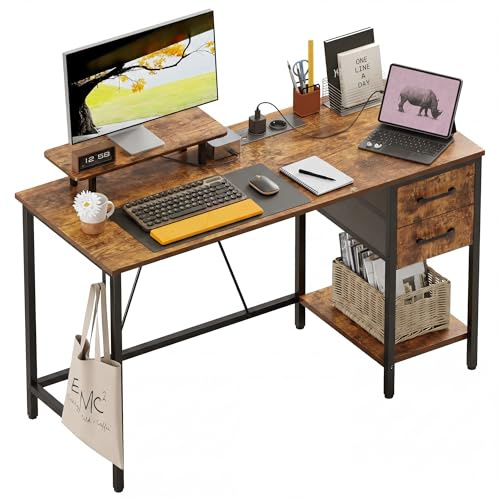 Xyphren Schreibtisch mit Steckdosen, 2 Schubladen und Abnehmbarem Monitorständer, Umkehrbaren Computertisch PC Tisch für Heimbüro, Arbeitszimmer, Schlafzimmer, 98x50cm, Braun