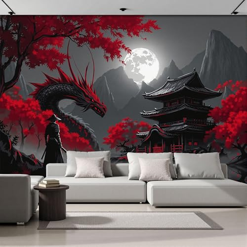 DACRWEKZ Panoramic Wallpaper Mural, 400x280cm (WxH), Japanese Style Samurai Red Dragon Temple, Wall Art, Wallpaper Mural, Living Room, Bedroom, Office Black and Red
