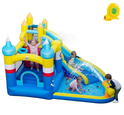 GYMAX Inflatable Water Castle, Kids Bounce House with Slide, Climbing Wall, Water Cannon, Basketball Hoop & Ocean Balls, Indoor Outdoor Children Bouncy Castle for 3-12 Years Old (with 750W Blower)