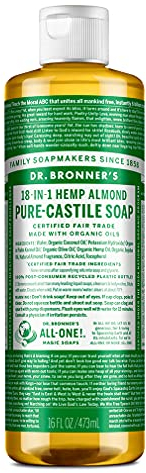 Dr Bronner's 18-in-1 Almond Pure-Castile Liquid Soap, Made with Organic Oils, Used for Face, Body, Hair, Laundry, Pets and Dishes, Certified Fair Trade & Vegan Friendly, 473ml Recycled Bottle
