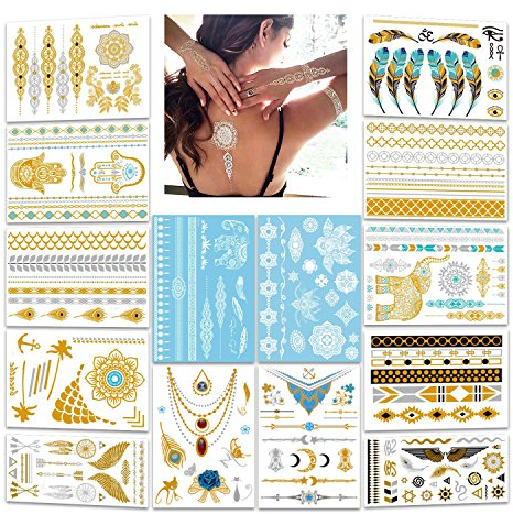 Temporäre Tattoo, konsait Wasserdicht Metallici Flash Tattoos temporär Tätowierung Aufkleber Körper Finger Arme Schmuck tattoo Sticker für Mädchen und junge Frauen Urlaub Geschenk (14 fogli)
