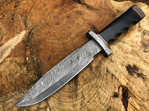 Perkin Knives Damastmesser Jagdmesser mit Scheide - Jagdmesser Bowie (Schwarzer Micarta-Griff und Damast)