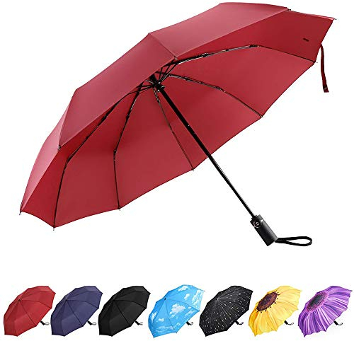 YumSur Parapluie Compact, Parapluie Pliable de Voyage, Coupe-Vent Automatique à Fermeture Automatique, poignée caoutchoutée pour Port en glissière, légère, renforcée, Portable, 10 Nervures Rouge