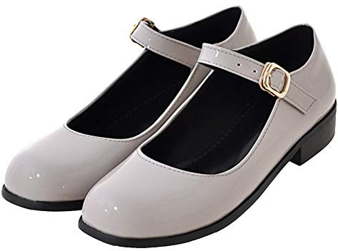 Mary Jane Halbschuhe Lack Pumps Flach mit Riemchen(Grau,38)