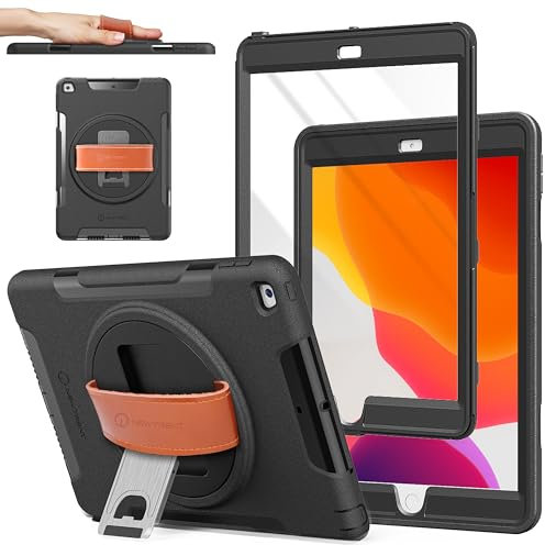New Trent Schutzhülle für iPad der 8. Generation, iPad 7. Generation, iPad 10.2, robust, mit Standfuß, mit drehbarer Handschlaufe und Displayschutzfolie