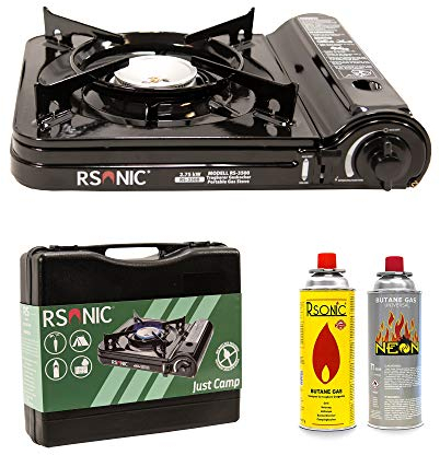 Rsonic tragbarer Gaskocher mit Tragekoffer | Slim Edition | Turbo Leistung 2.75 kW | Campingkocher, Tischkocher | Schwarz | (Gaskocher + 4 Stück Gaskartusche)