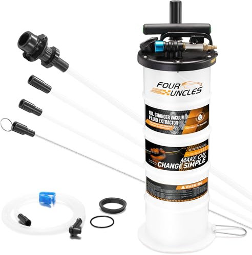 FOUR UNCLES Oil Changer Vacuum Fluid Extractor Pneumatic/Manual 6.5 Liter with Pump Tank Remover and Brake Bleeding Hose Convenient Oil Change & Fluid Change Tool No Leaks No Overfills, white
