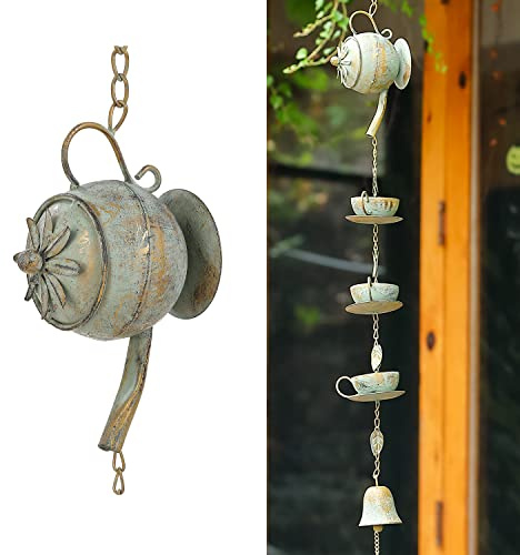 Brogan Metal Chinese Style Teapot with Teacups, Saucers Decorative Rain Chain, with Bell Chime, Hanging Display for Outdoor Patio Garden Yard Accents or Home Decoration (Verdigris)