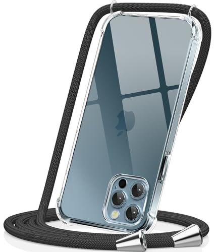 CAROKI Crossbody Case for iPhone 12 Pro Max, Necklace Mobile Phone Cover with Cord Strap,Clear Transparent TPU Soft iPhone 12 Pro Max Cover Holder with Neck Cord Lanyard Strap-Black