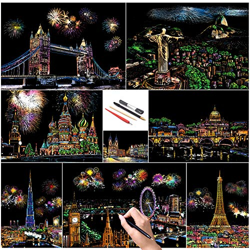 SiYear Scratch Paper Rainbow Painting Sketch, City Series Night Scene,Scratch Painting Creative Gift,Scratchboard for Adult and Kids with 4 Tools