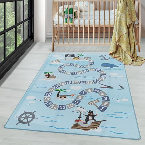 Carpettex Kinderteppich rutschfest | Piratenreise mit Zahlen Design 120 x 170 cm | Kein Abwurf | Kurzflor und Waschbarer Spielteppich für Kinderzimmer für Mädchen und Jungen | Wal und AFFE im Meer