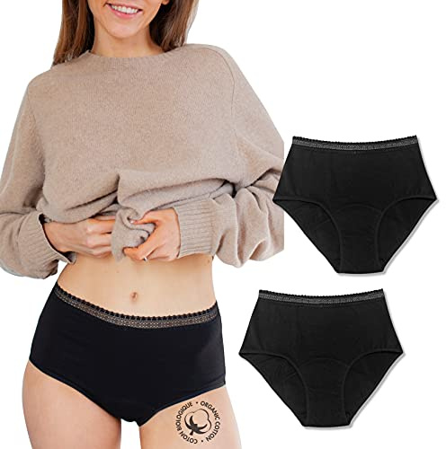 LIGNE V - LOT 2 Culotte Menstruelle Flux Abondant en Coton Biologique - Culotte Menstruelle Taille Haute Absorbante Lavable & Réutilisable - Adolescentes & Grandes Tailles/Lot de 2 Culotte Haute M