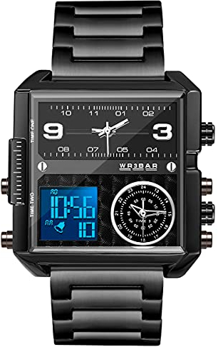 Gold Uhr Herren Cool Damenuhr 3 Arten von Zeitanzeige Quadratisch Digital Edelstahl Armbanduhr Schwarz Silber 3ATM Wasserdicht Elegant Business Datum LED Mode Elektronisch Quarz Uhren für Männer