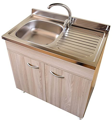 Yellowshop | Mobile cucina sottolavello a 2 ante cm 80 colore Olmo completo di lavello inox serie Basic (Versione Dx)