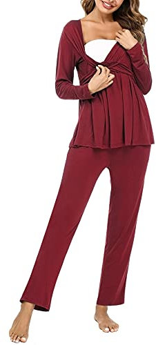 Litherday Ensemble de Pyjama Maternité en Coton Pyjama de maternité à Manche Longue Vêtement de Nuit Hiver Chaud Couleur Unie,A Vin Rouge,S