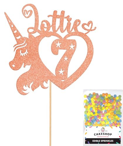 Personalised Unicorn Heart Glitter Cake Topper- Rose Gold Any Custom Age & Name Glitter Cake Decoration and Sprinkles - Happy Birthday Decorations - Personalised Toppers for Cakes by Cakeshop
