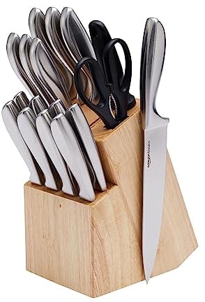 Amazon Basics Stainless Steel Comfort Grip Knife Set with Block, 18 Count (Pack of 1), Black
