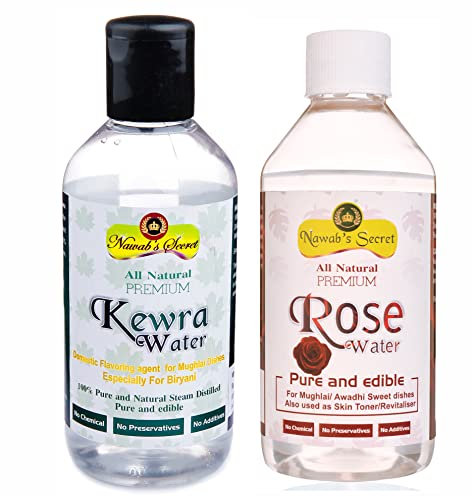 Nawab's Secret Lot de 2 bouteilles d'eau Kewra et eau de rose 100 % naturelles de qualité supérieure - Essence pour plats Biryani et Mughlai