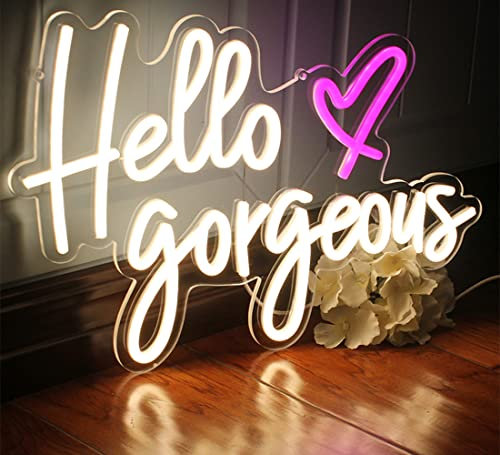 Hello Gorgeous - Enseigne néon blanche à LED - pour décoration de maison, mariage, anniversaire, fête - Avec interrupteur à intensité variable (5 V, 41,5 x 28,9 cm)