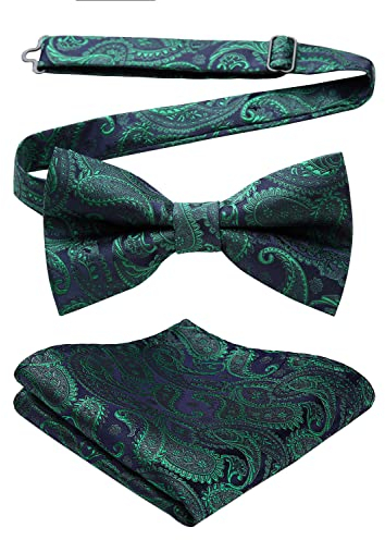 Hisdern Herren Fliege verstellbar Floral Schleife bereits gebunden Taschentuch Set Hochzeit Party Smoking grün schwarz