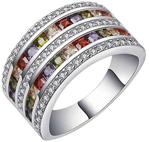 Gualiy Damen Ringe Freundschaft, Ring Damen Versilbert 5 Reihen Rund Zirkonia Ring Größe 60 (19.1)