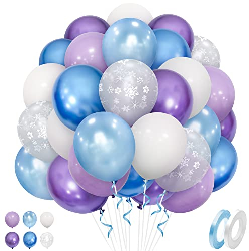 Luftballons Blau Lila Weiß, 50 Stück 12 Zoll Frozen Blau Lila Weiß Latex Luftballon mit Blau Lila Metallic Ballons Schneeflocken Ballon für Mädchen Geburtstag Babyparty Weihnachten Party Dekorationen