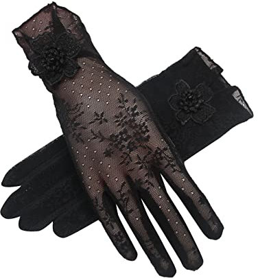 IHGWE Damen Einfarbig Spitze Muster Dünne EIS Seide rutschfeste Atmungsaktive Kurze Sonnenschutz Handschuhe Latex Handschuhe Lang (Black, One Size)