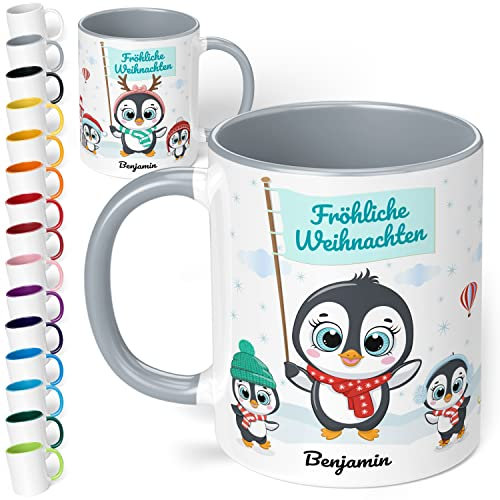 True Statements Weihnachtstasse mit Namen personalisiert „Fröhliche Weihnachten“ - mit Pinguin-Motiv - 330ml Keramik Kaffeebecher mit Spruch - Geschenk zu Weihnachten (Grau)