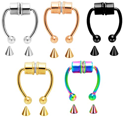 Yolev 5 Stücke Fake Septum Magnet Piercing - Edelstahl Magnetischer Nasenring - Falscher Nasenring Hufeisen Imitation - Nasenclip für Frauen und Männer