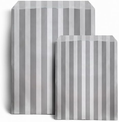 ezkart | 5x7 | Pack of 100 Assorted coloured striped paper bags Ideal for multiple occasions. Quality paper sweet bags (Grey, 5x7-100 Bags)