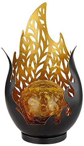 Gartendeko Solarleuchte für Außen Outdoor Balkon Deko schwarz gold Flammenoptik Glaskugel, IP44 Akku Metall Dekorstanzungen, 1x LED, LxBxH 16,5x12,5x26,5cm