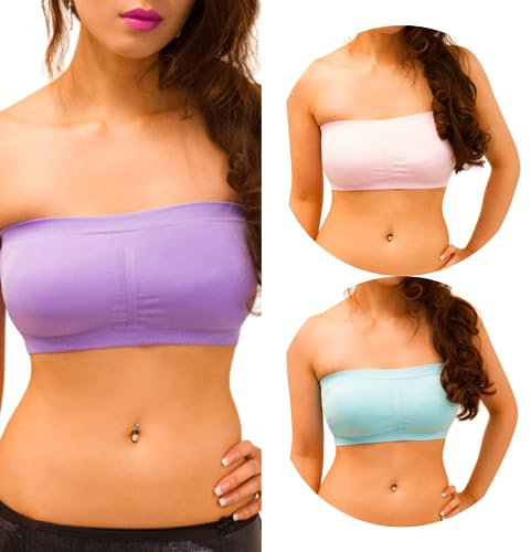 Sodacoda Reggiseno a fascia da donna senza cuciture imbottito senza spalline, Confezione da 3 – Viola Rosa Turchese, L