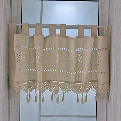 BIRLD Scheibengardine Beige Bistrogardine Landhausstil Kurzgardine Küchengardine, Halbvorhang Mit Quasten Häkeln-Saum, Baumwolle Leinen, Shabby Chic (Size : W145cm x H70cm)