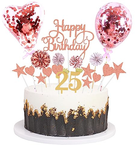 Daimay Tortenaufsätze Geburtstag Tortendeko Cake Topper Kuchen Deko Happy Birthday kuchendeko Boho Torten Topper Cupcake Muffin Topper Ballon Glitter Stern Konfetti Luftballon - Rosegold 25