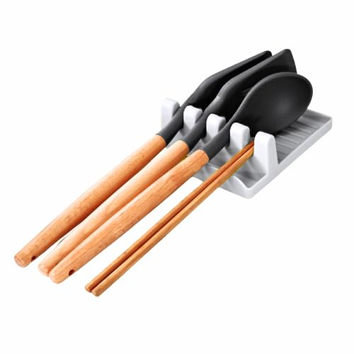 Poggiamestolo in plastica | Posa mestoli, cucchiai, spatole e utensili da cucina | Antiscivolo, Antigoccia e Lavabile | Appoggia Cucchiaio con Porta Coperchio Pentola | Poggiamestoli 5 in 1, (Bianco)