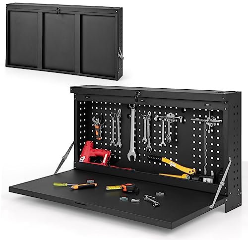 COSTWAY Panneau Mural Porte-Outils Pliante à Perforé, Système de Rangement Mural pour Outils 2-en-1 avec Tablette Spacieuse pour Garage Entrepôt Atelier Charge 50 kg 50x50x106cm, Noir