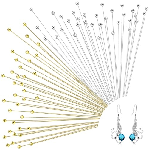 200 pines de cabeza de bola de cobre de 50 mm, remachadores rectos de tono plateado, bola dorada, descubrimientos para pendientes, collares, joyas y colgantes