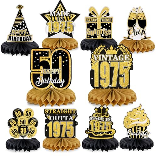 Huiguli Birthday Table Decorations, 10Pcs 50th Birthday Decorations for Men Women, Birthday Honeycomb Table Centerpieces with Cake Topper, Black Gold 50th Table Toppers Party Supplies