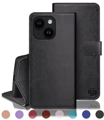 RingPi für iPhone 13 6.1 Handy Hülle PU Leder[RFID Schutz] Handyhülle Lederhülle Klapphülle Kartenfach Stoßfeste Schutzhülle Leather Flip Cover für Apple 13 Wallet Phone Case,Schwarz
