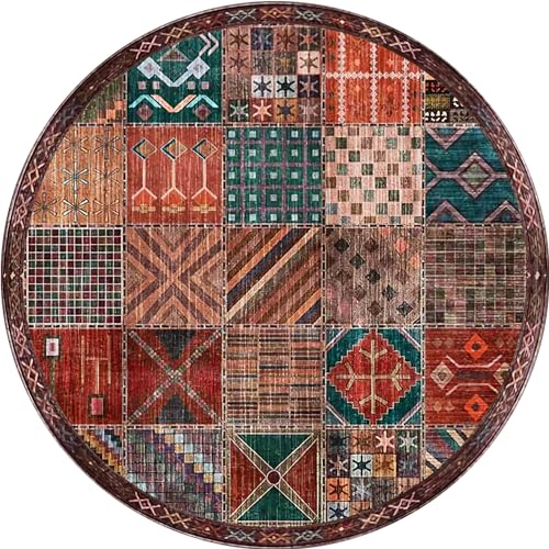 Teppich gegend Rund Große Wohnzimmer Round 200 cm Durchmesser, Kurzflor Wohnzimmerteppich Bunt Vintage Patchwork Rot Braun Orange Gelb Dunkelgrün Blau Carpet Living Room