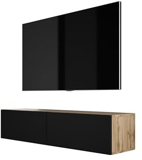 Mueble de TV Colgante (Ancho: 140 cm, Alto: 34 cm, Profundidad: 32 cm), Color Roble/Negro Mate