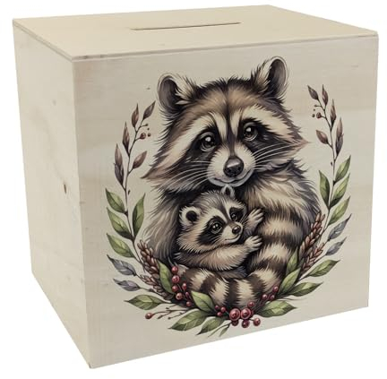 Waschbärmama mit Baby Spardose aus Holz Waschbär im Arm - Niedliche Tier Spardose aus Holz Säugetier mit Jungtier Symbol für Pflege und Elternschaft