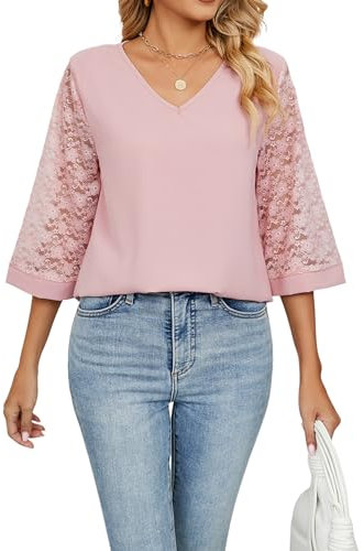Atxnn Womens Blouses 3/4 Sleeve Tops Chiffon Tunic Top V Neck Loose Shirts with Lace Sleeves for Spring Summer Fall, Pink Medium