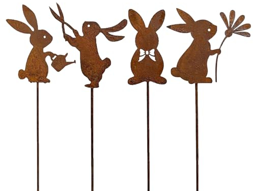 Osterhase Gartendeko, Osterdeko Hase Figuren Gartenstecker Rost Gartendeko, Osterhasen Figuren Blumenstecker, Osterhasen Figuren Rostdeko für Ostern Deko, Gartendeko, Frühling Deko (E)