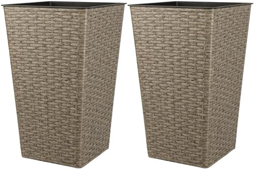 Muddy Hands 45cm Tall Woven PVC Rattan Plant Pot Indoor Home Outdoor Garden Square Decorative Flower Planter (2, Grey)